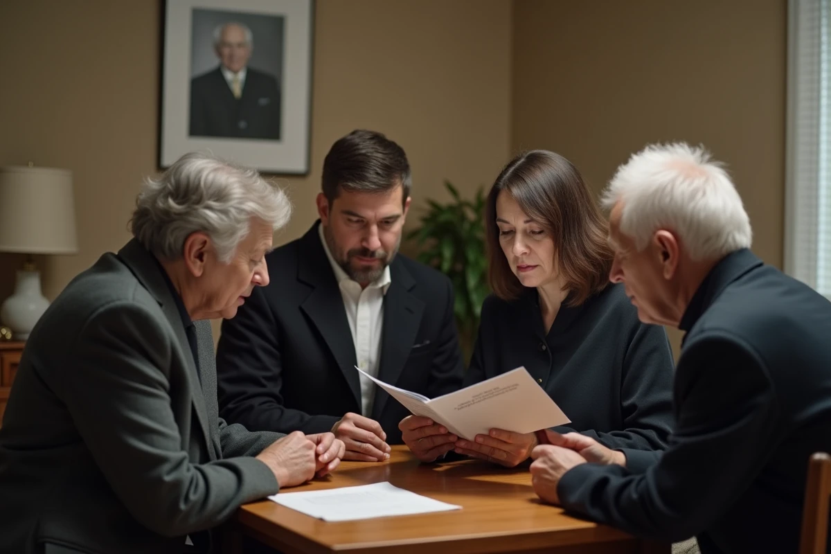 Famille réunie autour d'un discours d'enterrement lu à voix haute dans un salon sobre en mémoire d'un grand-père