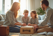 Famille souriante emballant des valises dans un salon lumineux
