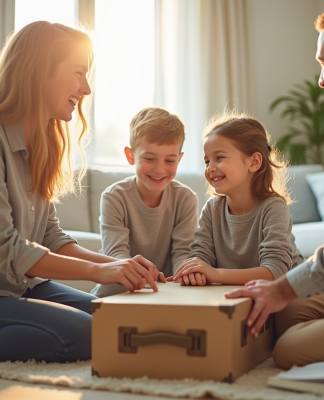 Famille souriante emballant des valises dans un salon lumineux