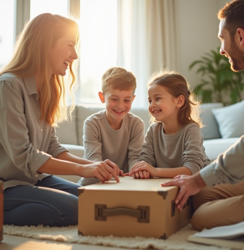 Vacances et CAF : explorez les aides adaptées à vos envies Famille souriante emballant des valises dans un salon lumineux