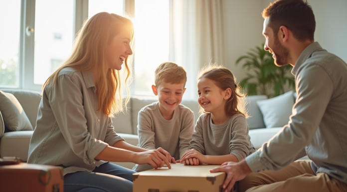 Famille souriante emballant des valises dans un salon lumineux