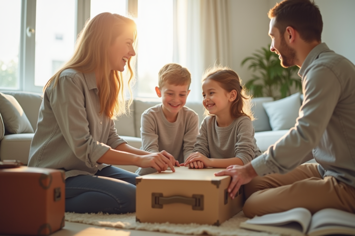 famille-emballant-sacs-vivant Famille souriante emballant des valises dans un salon lumineux