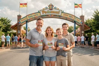 Famille avec billets à l'entrée du Parc La Panne, prête à profiter des attractions à prix réduit
