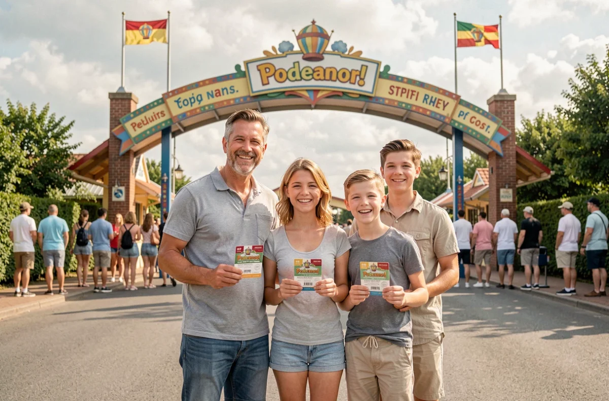 Famille avec billets à l'entrée du Parc La Panne, prête à profiter des attractions à prix réduit