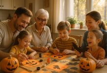 Famille multigenerations créant décorations Halloween en famille