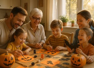 Fabriquer son décor d’Halloween en famille : un moment ludique et créatif Famille multigenerations créant décorations Halloween en famille