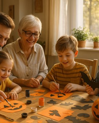 Famille multigenerations créant décorations Halloween en famille