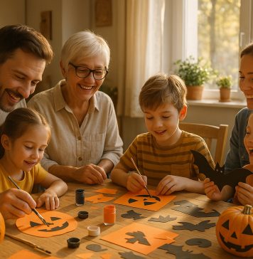 Fabriquer son décor d’Halloween en famille : un moment ludique et créatif Famille multigenerations créant décorations Halloween en famille