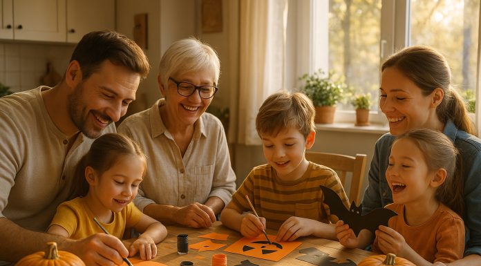 Famille multigenerations créant décorations Halloween en famille