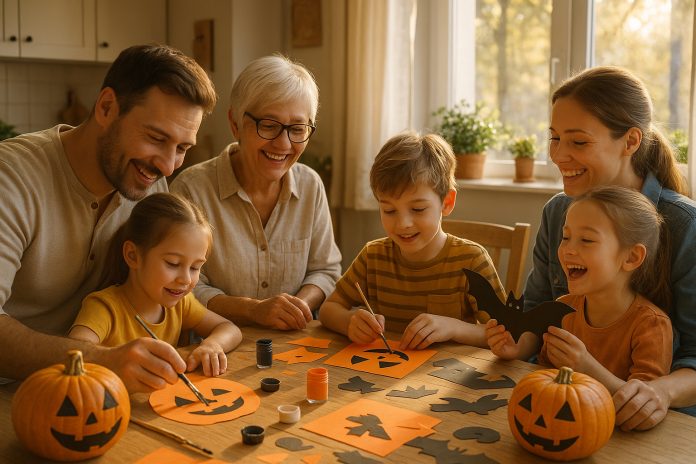 famille-halloween-decoration Famille multigenerations créant décorations Halloween en famille