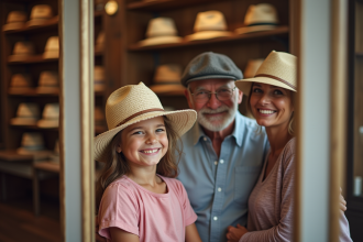 Famille souriante essayant des chapeaux dans une boutique chaleureuse