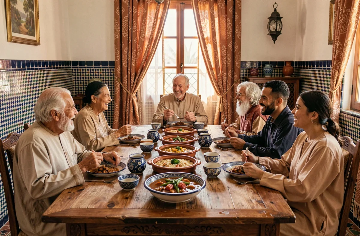 Famille maghrébine réunie autour d'un repas traditionnel, symbolisant les racines culturelles et l'héritage familial transmis entre générations