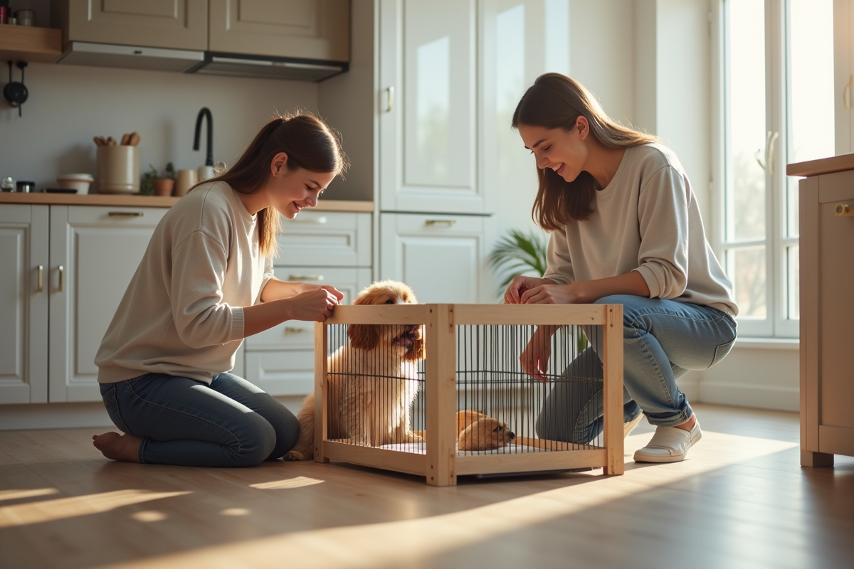 Famille assemble une poussette pour chiot dans une cuisine moderne