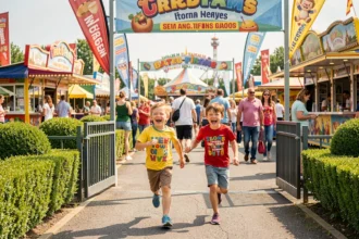 Famille joyeuse entrant dans un parc de loisirs en Île-de-France avec deux enfants souriants