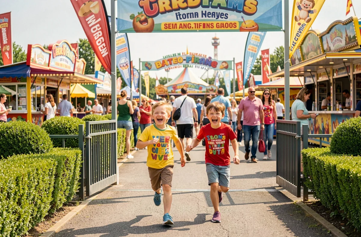 Famille joyeuse entrant dans un parc de loisirs en Île-de-France avec deux enfants souriants
