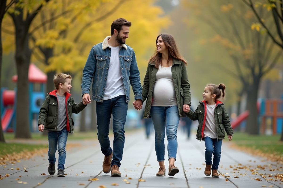Famille avec jumeaux dans un parc urbain en promenade