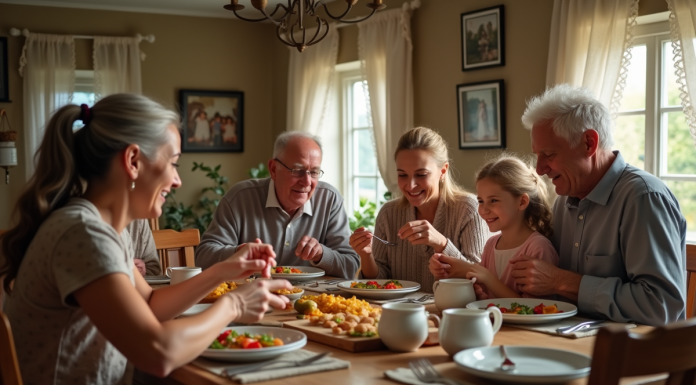 Famille multigenerational partageant un repas convivial à la maison