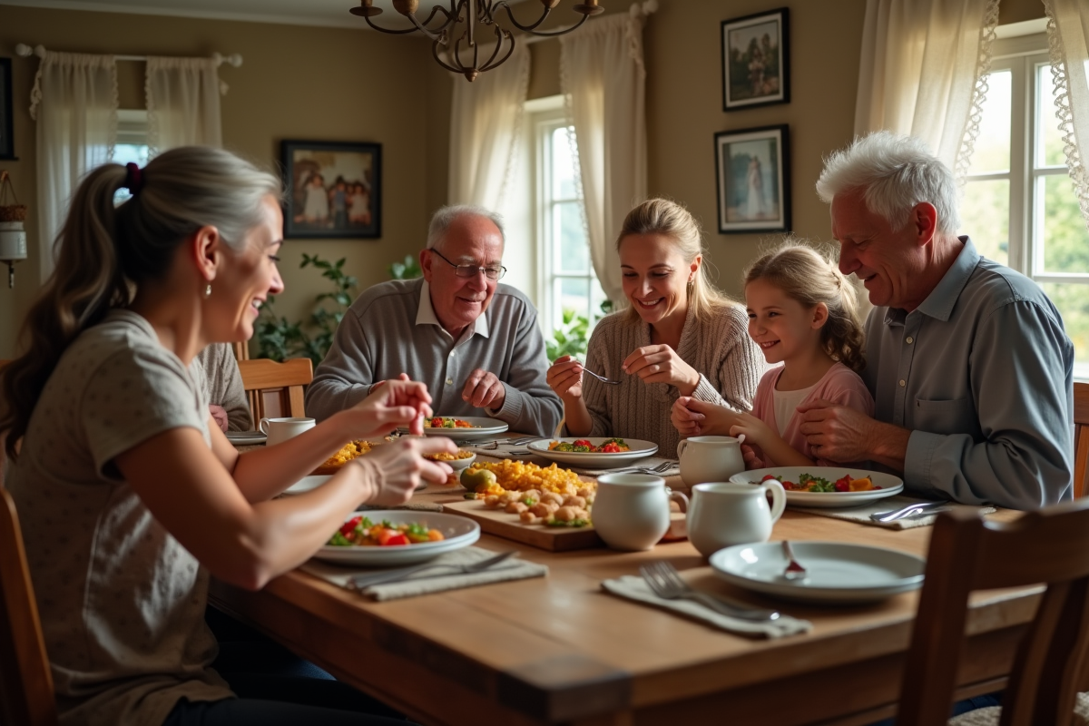 Famille multigenerational partageant un repas convivial à la maison