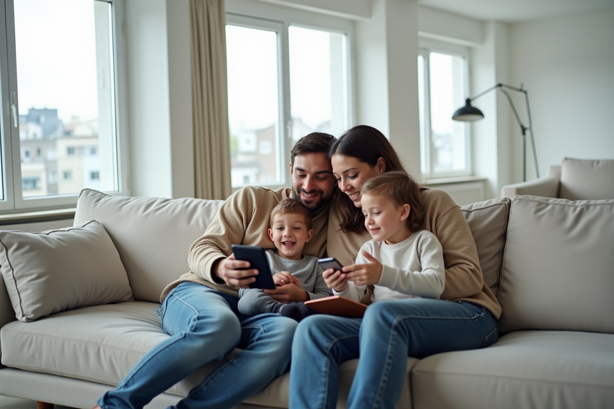 Famille moderne utilisant des appareils numériques dans un salon urbain