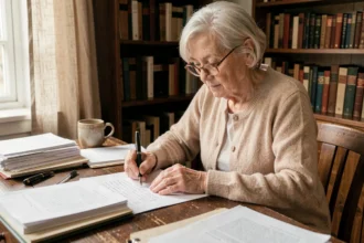 Femme âgée rédigeant un testament olographe à la main sur un bureau en bois ancien avec un stylo plume