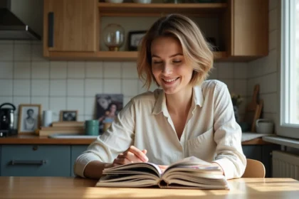Femme dans la cuisine lisant des photos de famille