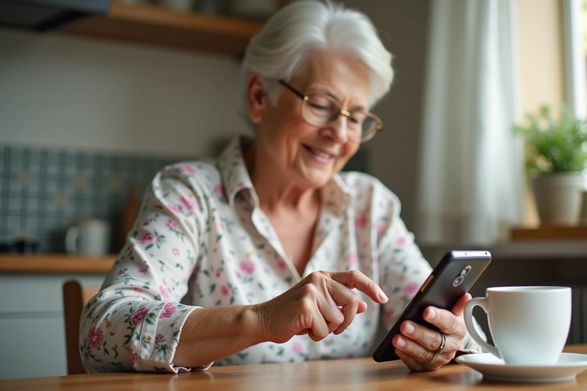 Femme senior utilisant l'application mobile CAF sur smartphone dans sa cuisine