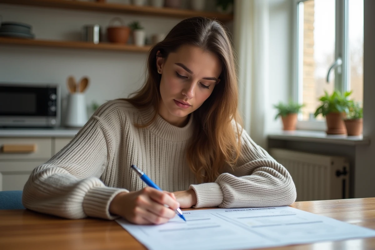 Femme remplissant une attestation dans une cuisine moderne