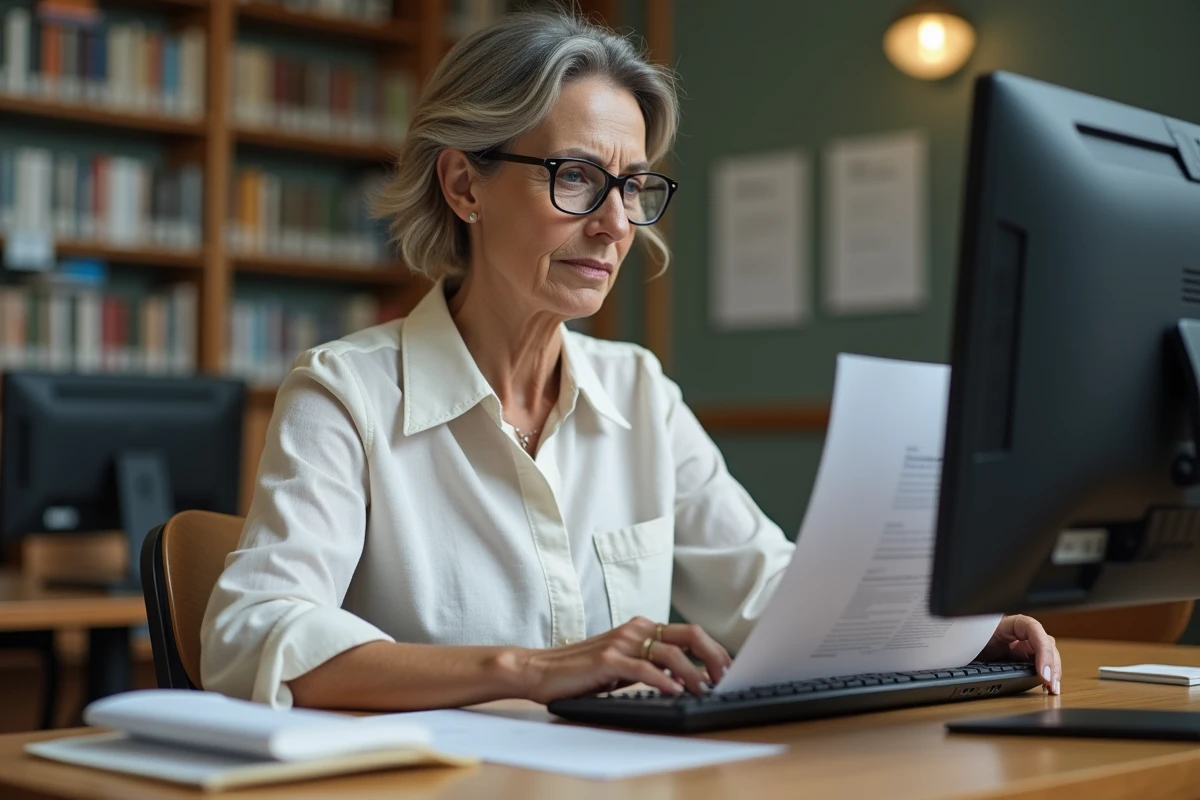Femme en bibliothèque municipale récupérant ses identifiants du portail famille Toulon sur un ordinateur public