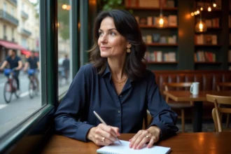 Femme assise dans un café parisien contemplant la rue