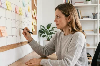 Femme annotant un calendrier papier avec numéros de semaines paires et impaires sur un bureau en bois