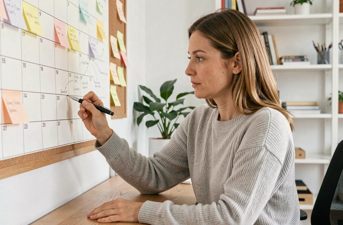 Femme annotant un calendrier papier avec numéros de semaines paires et impaires sur un bureau en bois
