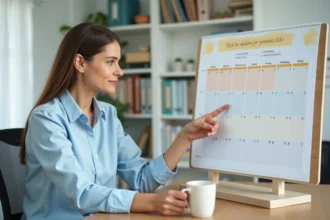 Femme consultant un calendrier mural avec semaines paires et impaires mises en évidence dans un bureau à domicile moderne