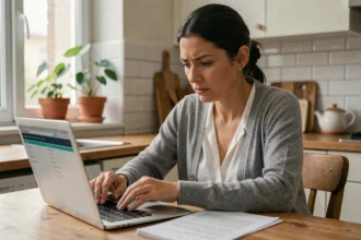 Femme concentrée remplissant un dossier CAF en ligne sur un ordinateur portable dans une cuisine d'appartement