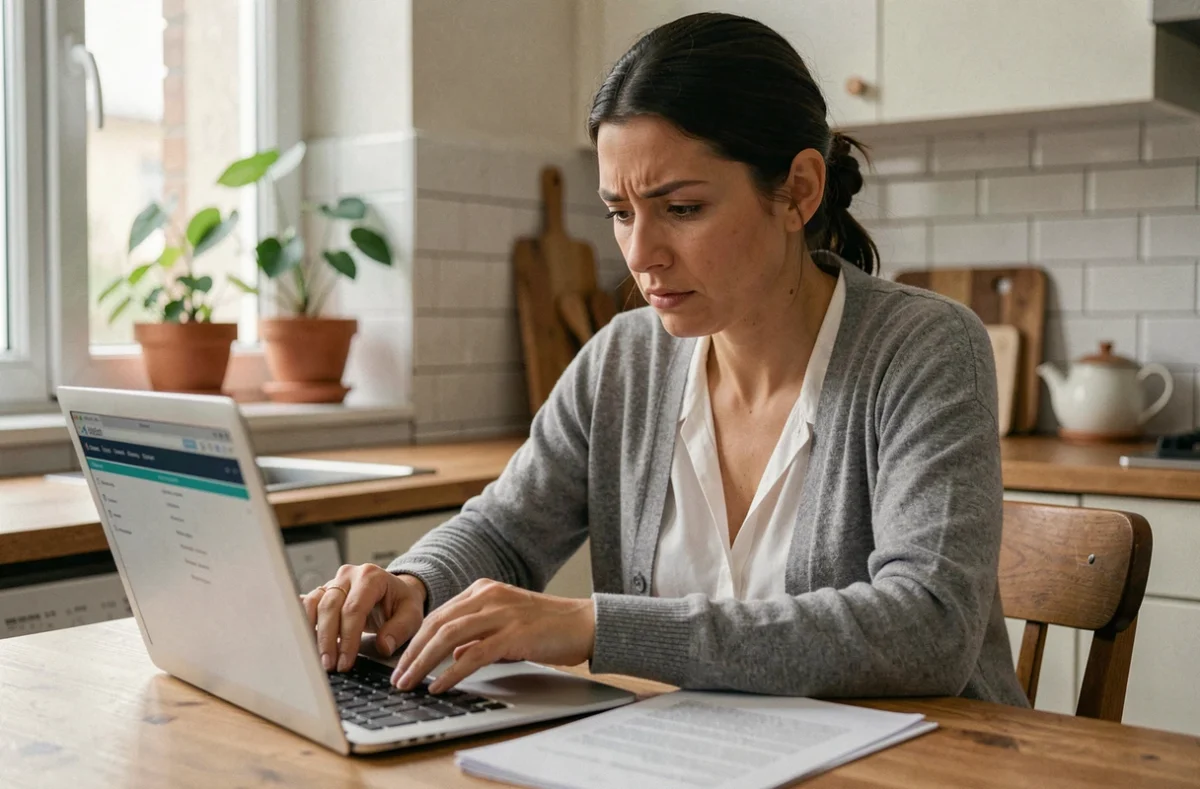 Femme concentrée remplissant un dossier CAF en ligne sur un ordinateur portable dans une cuisine d'appartement