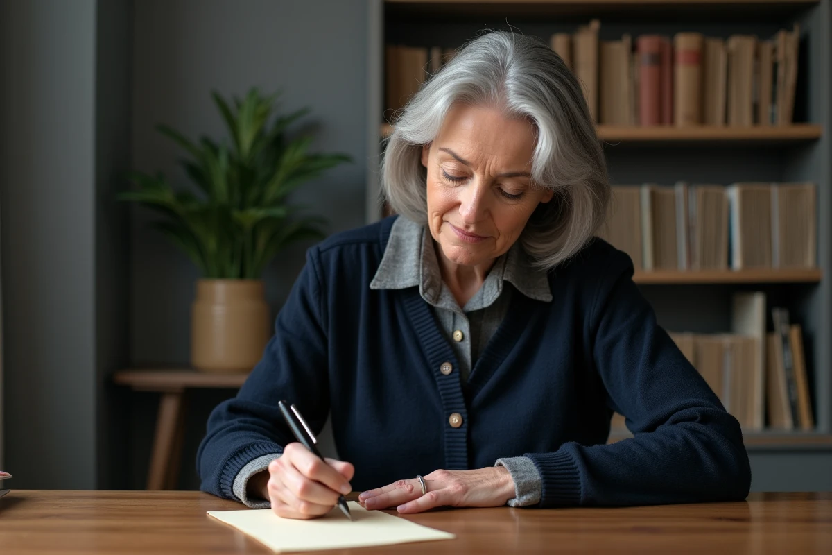 Femme écrivant une lettre de condoléances à la main avec une plume sur du papier crème, assise dans un bureau calme et intimiste