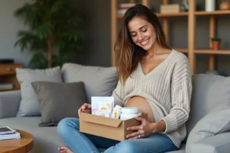 Femme enceinte souriante recevant un cadeau de grossesse dans le salon