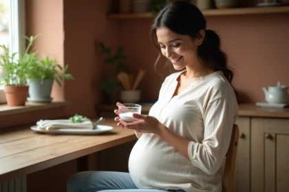 Femme enceinte tenant un bol de sel à la cuisine pour tester le sexe du bébé