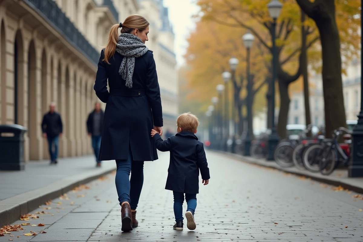 Femme et enfant marchant dans une rue parisienne