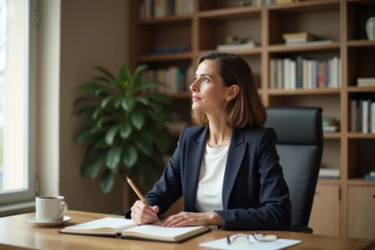 Femme professionnelle et indépendante assise à un bureau parisien, symbolisant une nouvelle vie après une rupture