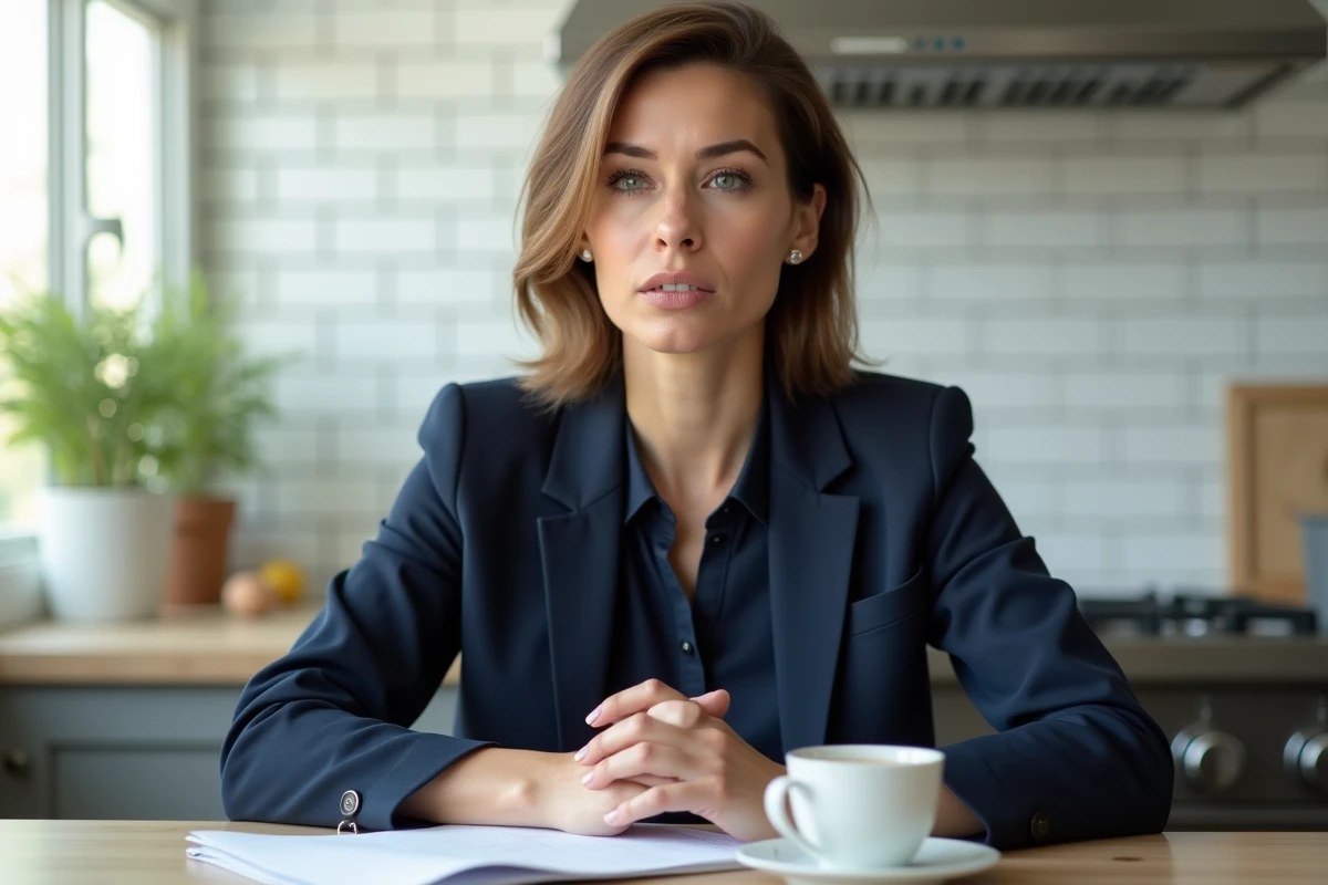 Femme assise à la cuisine avec documents et tasse de thé