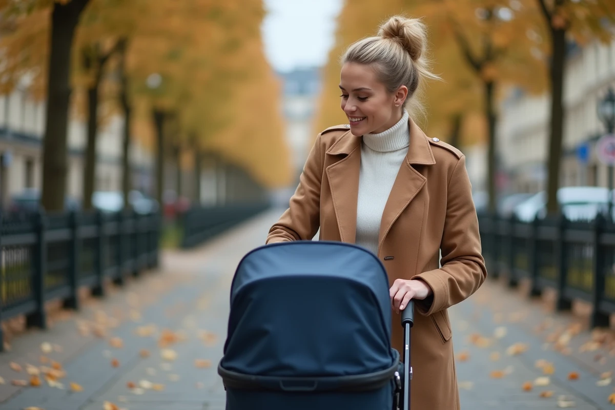 Femme élégante promenant un landau sur un boulevard parisien en automne, ambiance maternité urbaine et mode