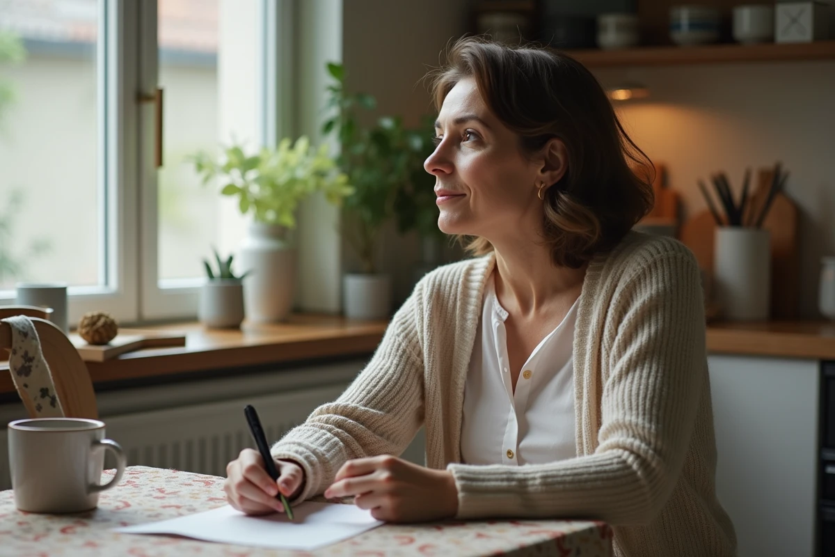 Femme méditative lisant une lettre dans la cuisine