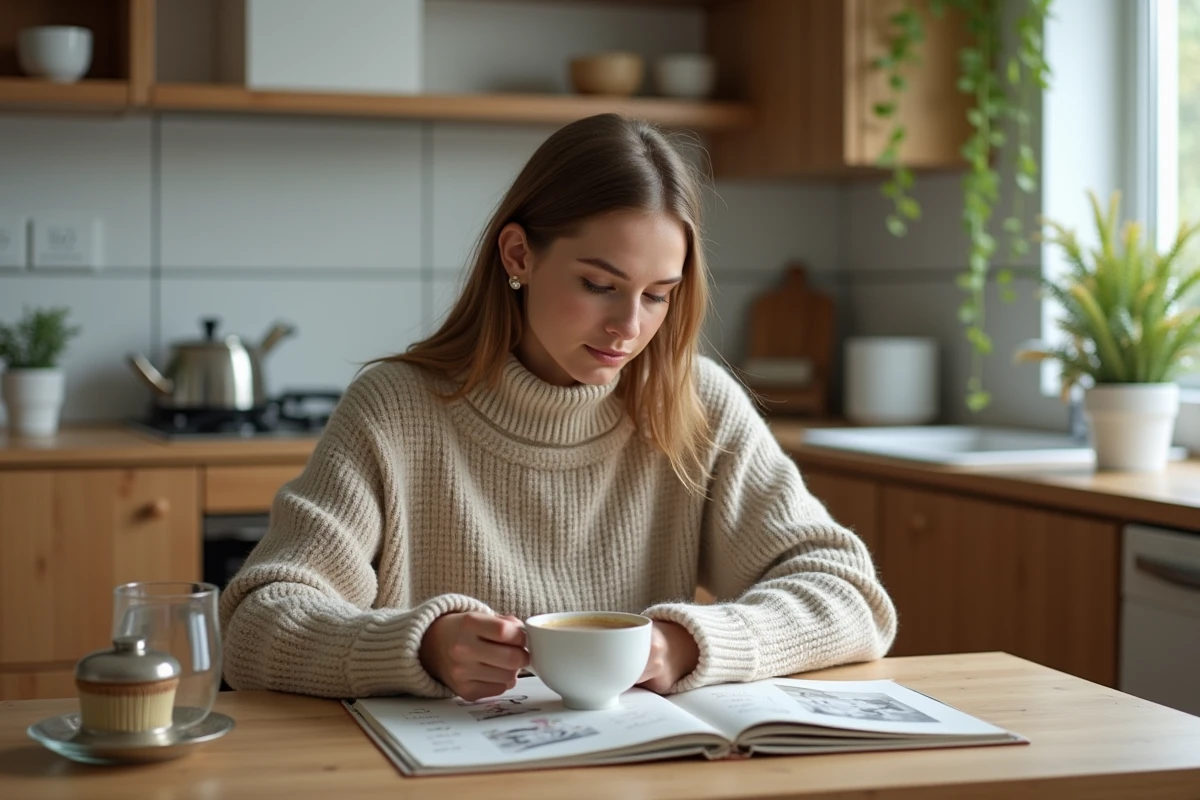 Jeune femme lisant un album photo familial dans une cuisine chaleureuse