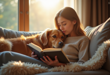 Femme lisant un livre sur un canapé avec un chien golden retriever
