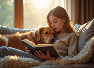 Animaux de compagnie : améliorent-ils votre intelligence ? Les bienfaits d’une relation animale Femme lisant un livre sur un canapé avec un chien golden retriever