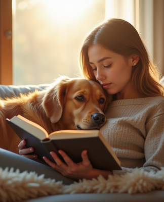 Femme lisant un livre sur un canapé avec un chien golden retriever