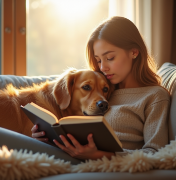 Femme lisant un livre sur un canapé avec un chien golden retriever