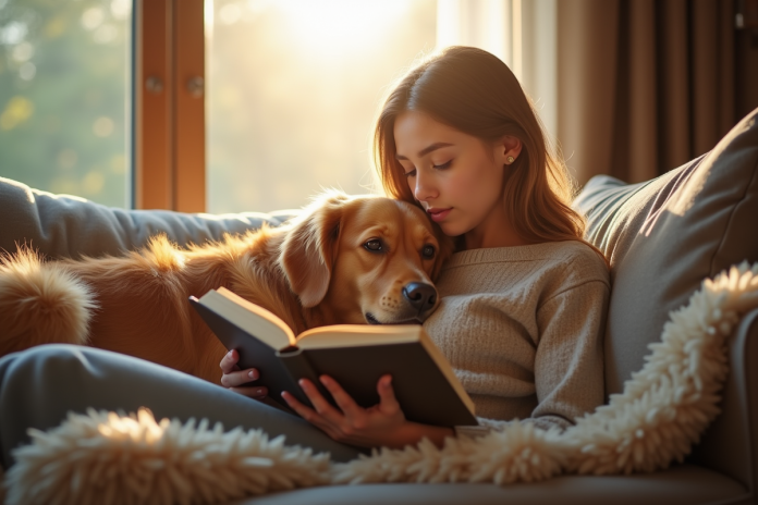 femme-livre-repos-chien Femme lisant un livre sur un canapé avec un chien golden retriever