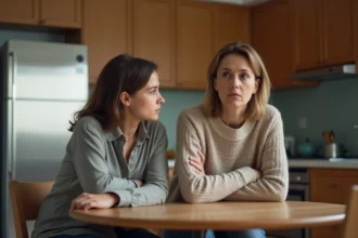 Femme et fille distantes dans une cuisine chaleureuse