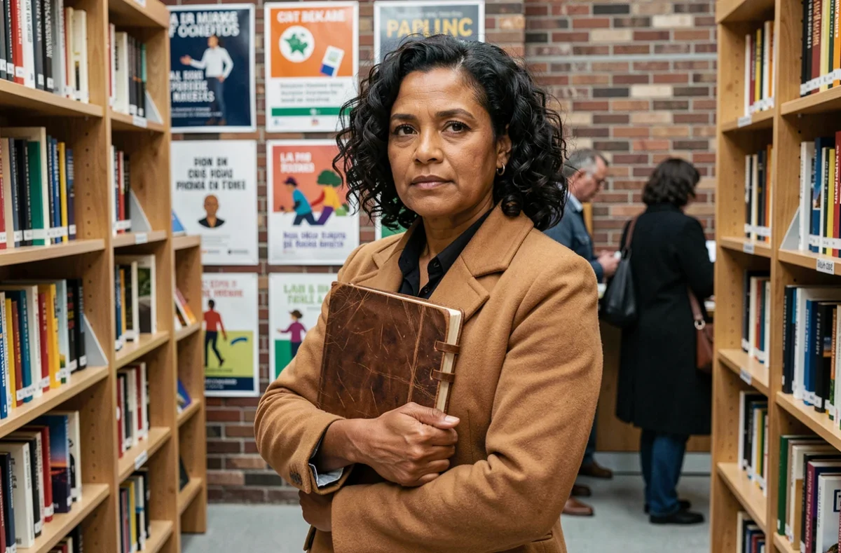 Femme d'origine multiculturelle tenant un journal dans une bibliothèque communautaire, illustrant comment les racines familiales influencent le parcours intellectuel et professionnel